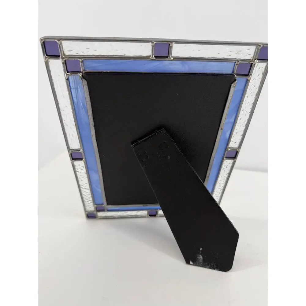 Stained Glass Picture Frame Blue Rippled Glass Easel Back Tabletop Holds 5x7
